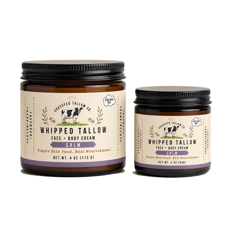 Calm Lavender + Frankincense whipped tallow balm sticker-label jars: 4 oz left and 2 oz right