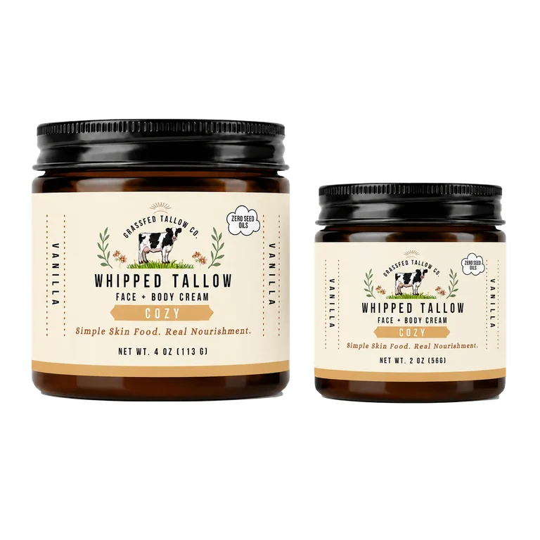 Cozy Vanilla whipped tallow balm sticker-label jars: 4 oz left and 2 oz right