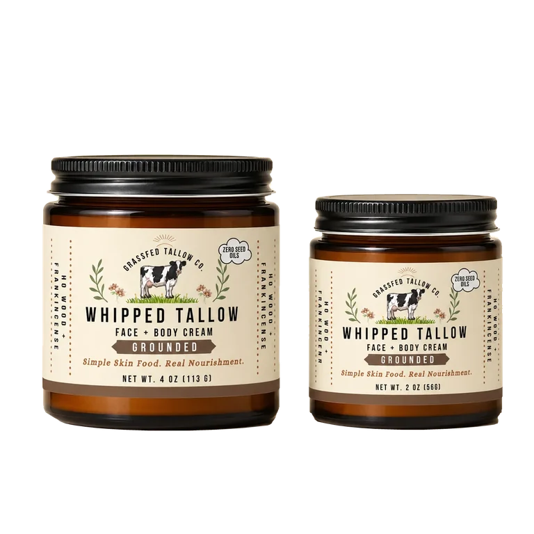 Grounded Ho Wood + Frankincense whipped tallow balm sticker-label jars: 4 oz left and 2 oz right