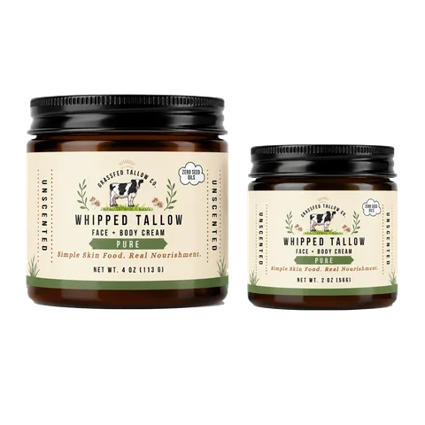 Pure tallow balm labeled jars in 4 oz and 2 oz