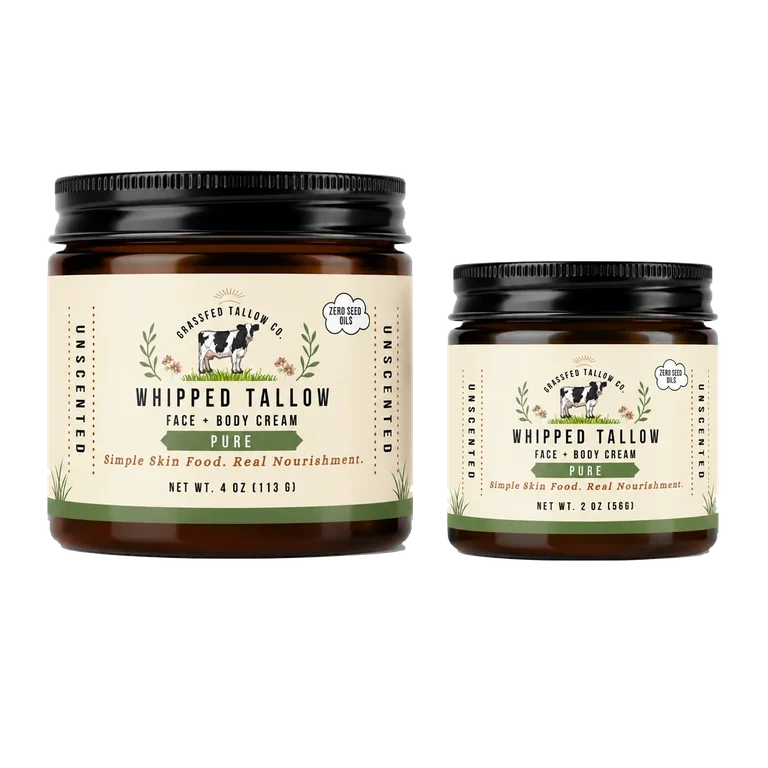 Pure Unscented whipped tallow balm sticker-label jars: 4 oz left and 2 oz right