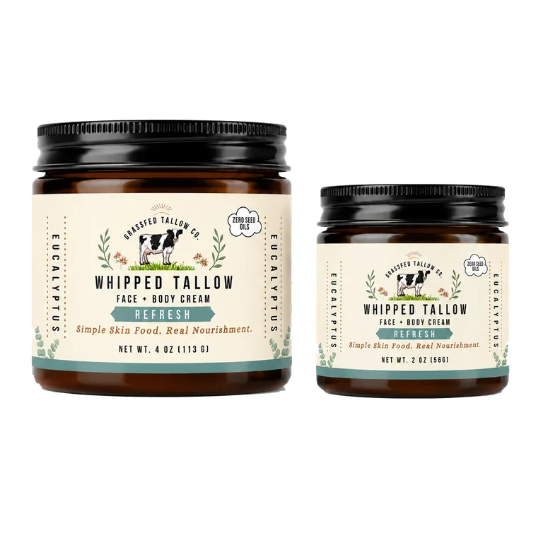 Refresh Eucalyptus whipped tallow balm sticker-label jars: 4 oz left and 2 oz right