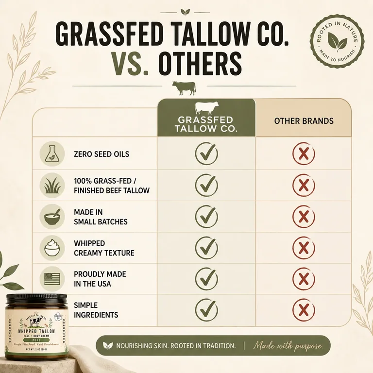 Grassfed Tallow Co. at a glance: Our balms: zero seed oils, 100% grass-fed / grass-finished beef tallow, made in small batches, whipped creamy texture, proudly made in the USA, simple ingredients.
