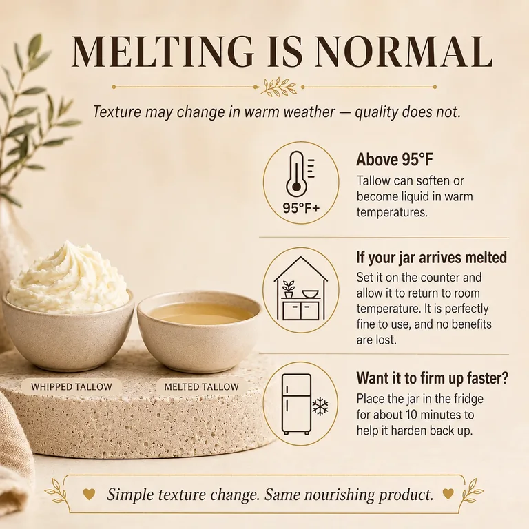 Melting is normal: Texture may change in warm weather. Above 95°F, tallow can soften or become liquid. If your jar arrives melted, set it on the counter and let it return to room temperature. To firm it up faster, place the jar in the fridge for about 10 minutes.